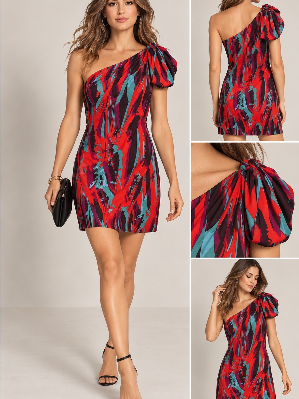 BCBGMaxAzria One-Shoulder Red Abstract Print Mini Dress